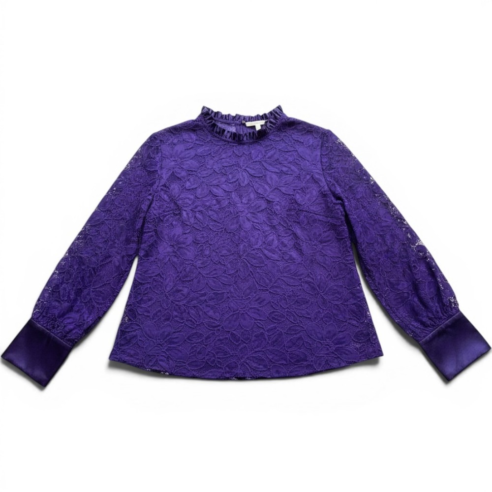 Midnight Velvet Purple Floral Lace Blouse Ruffle Neck Satin Cuffs Size M